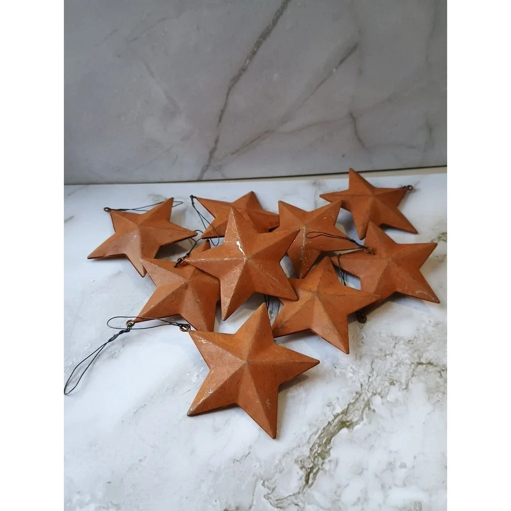 Primitive Metal Stars - Set of 9-Rustic Red Country Rusty Ornaments Hangers 2.5
